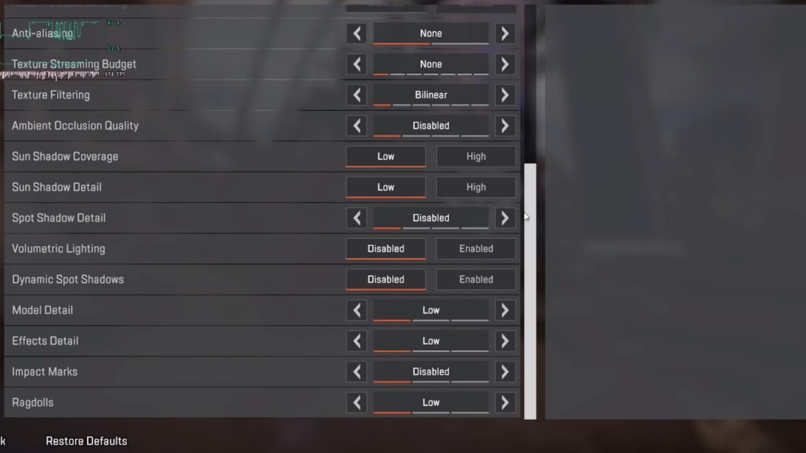 A Screenshot of the Graphics settings in Apex Legends via ImSpeedyGonzales