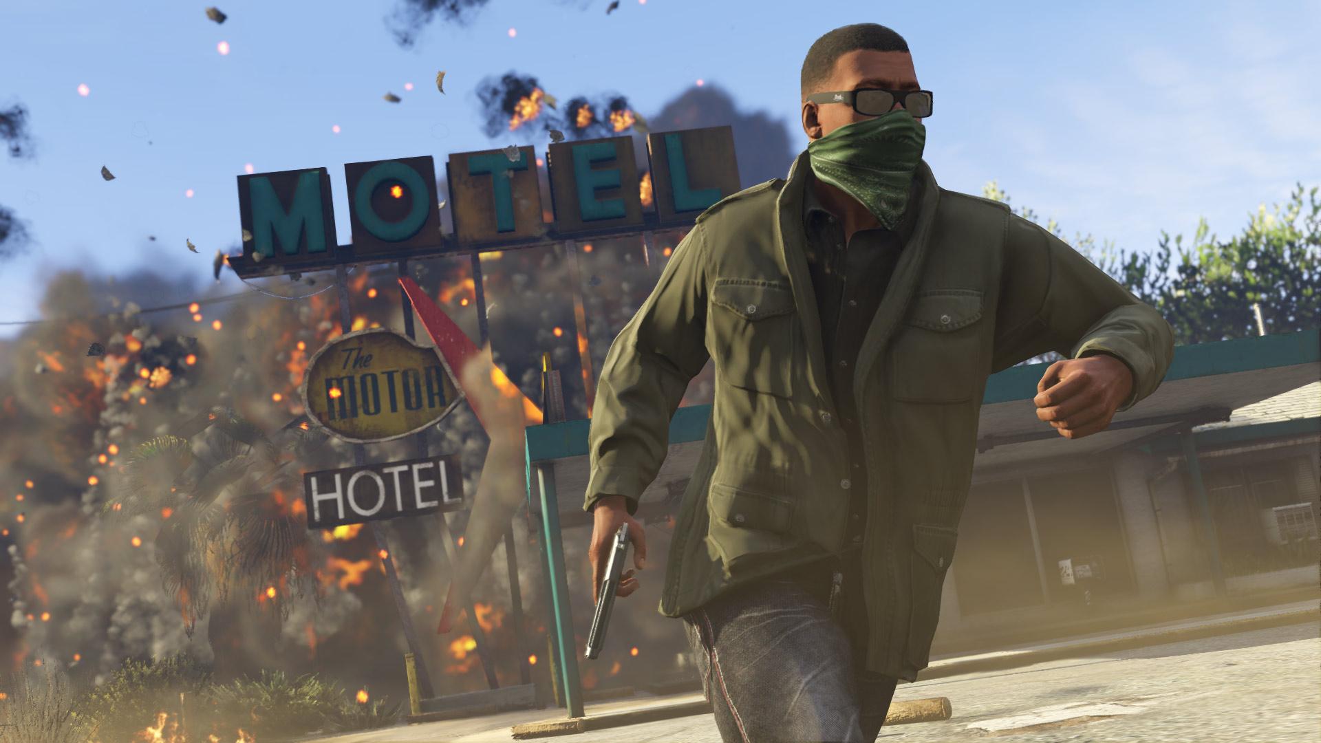 An image of a character from Grand Theft Auto V running away from an explosion.