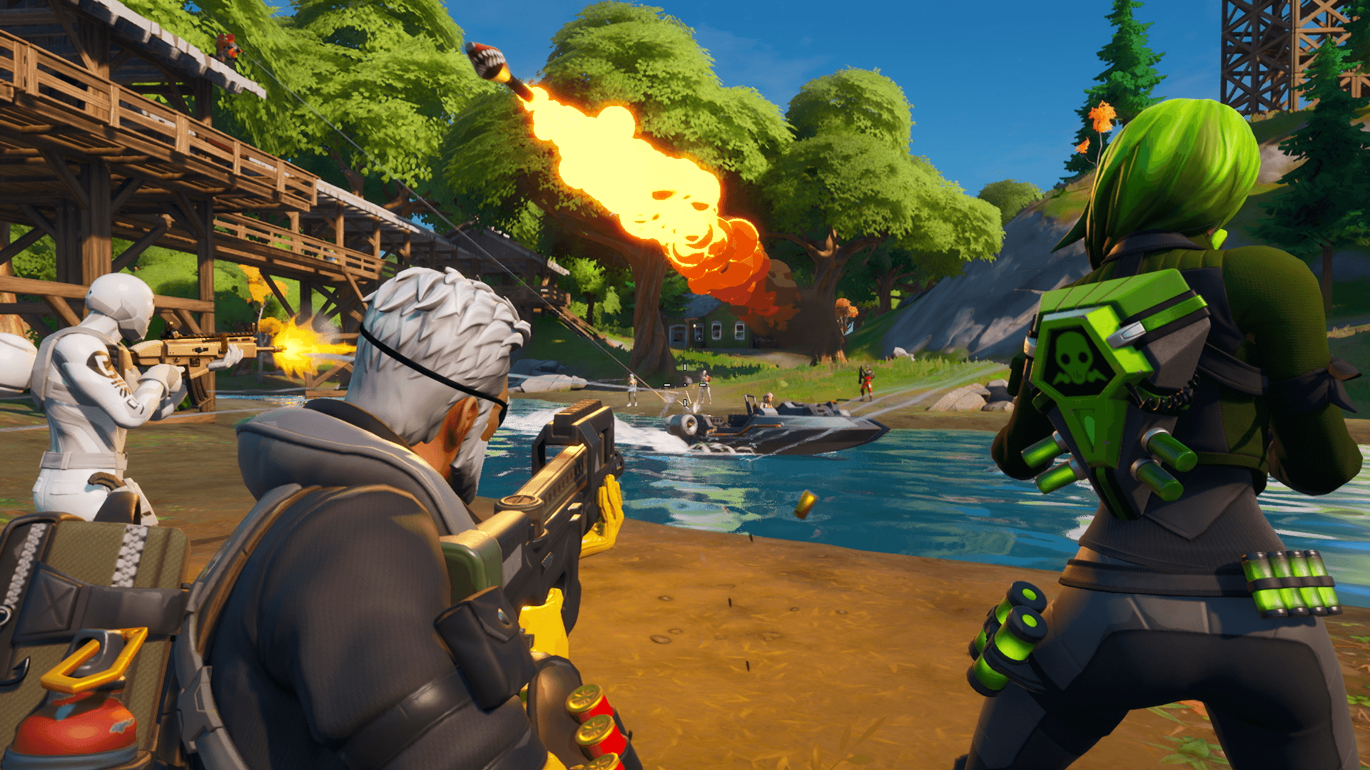 Fortnite players firing weapons at opponents.