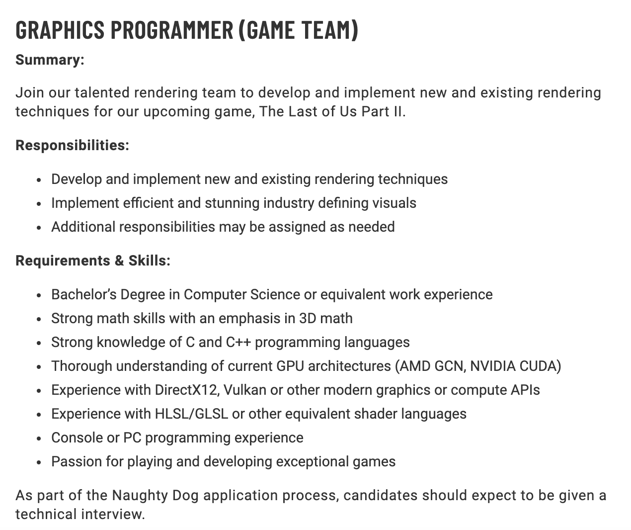 Naughty Dog the Last of us 2 job listing