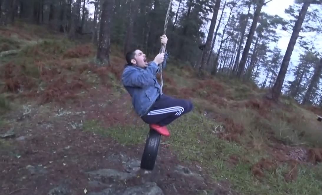 Twitch streamer Greekgodx screams in pain while on a tire in Norway