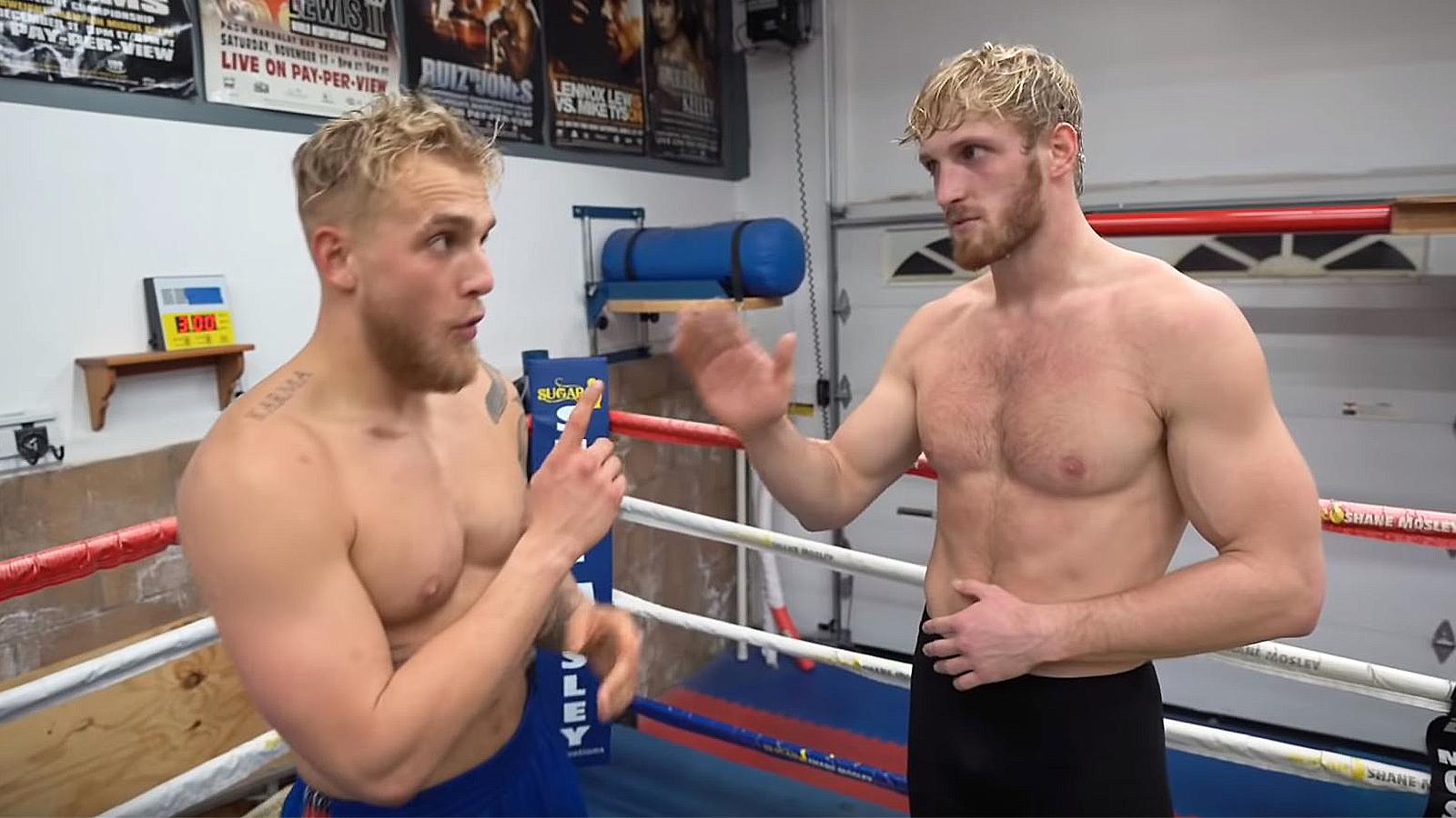 An image of Jake Paul and Logan Paul talking inside a boxing ring.