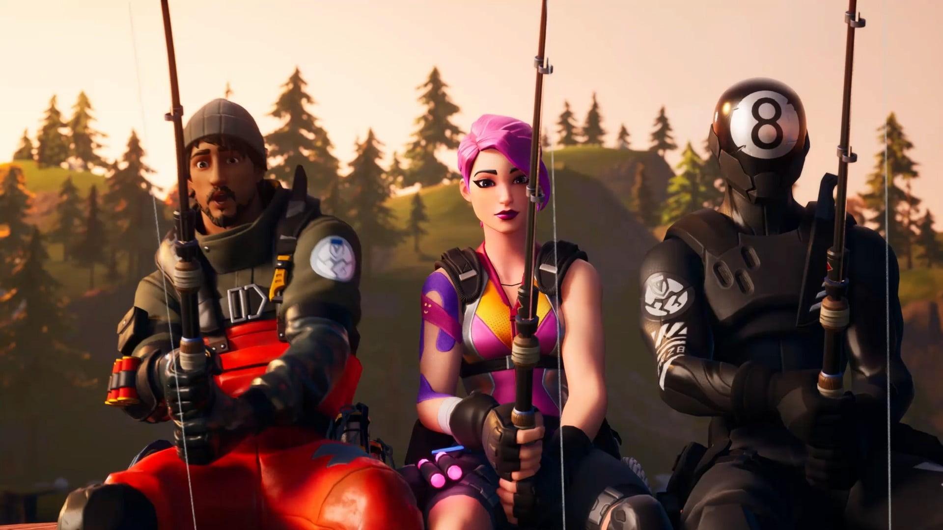 Three Fortnite characters using the game's Fishing Rod.