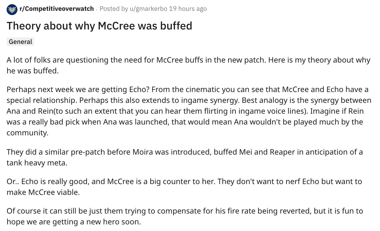 McCree Overwatch buff theory new hero Echo