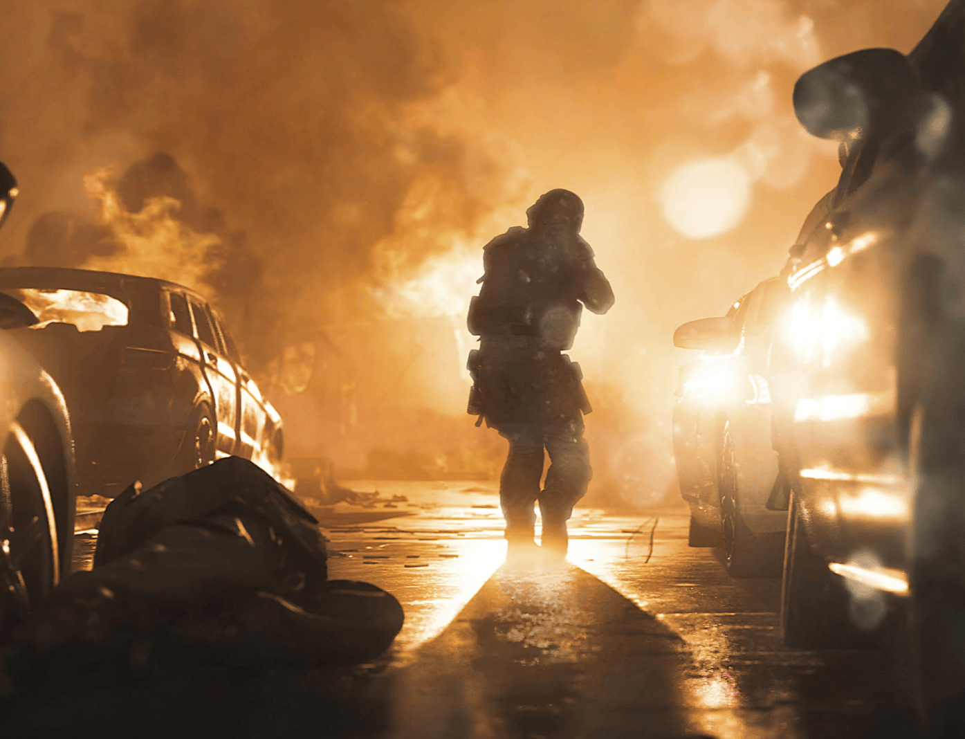 Modern Warfare character walking through fire