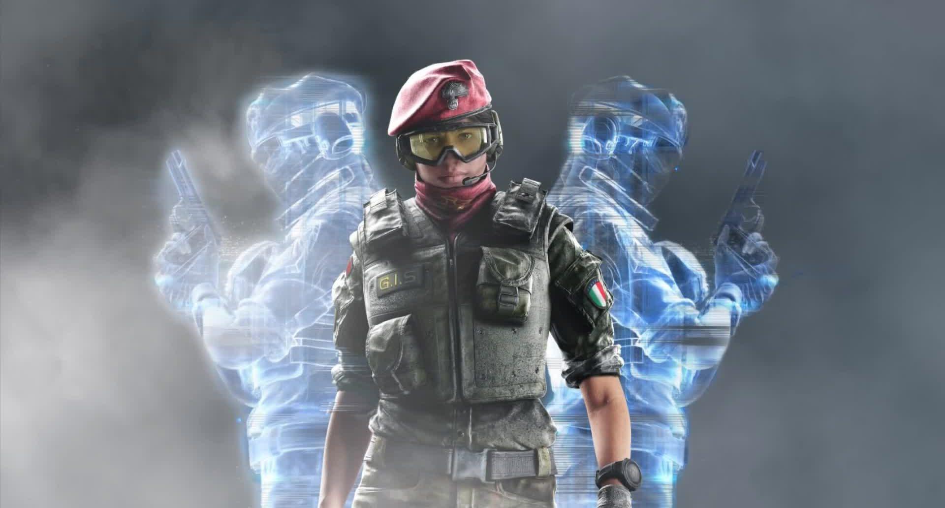 Alibi standing with holograms in Rainbow 6