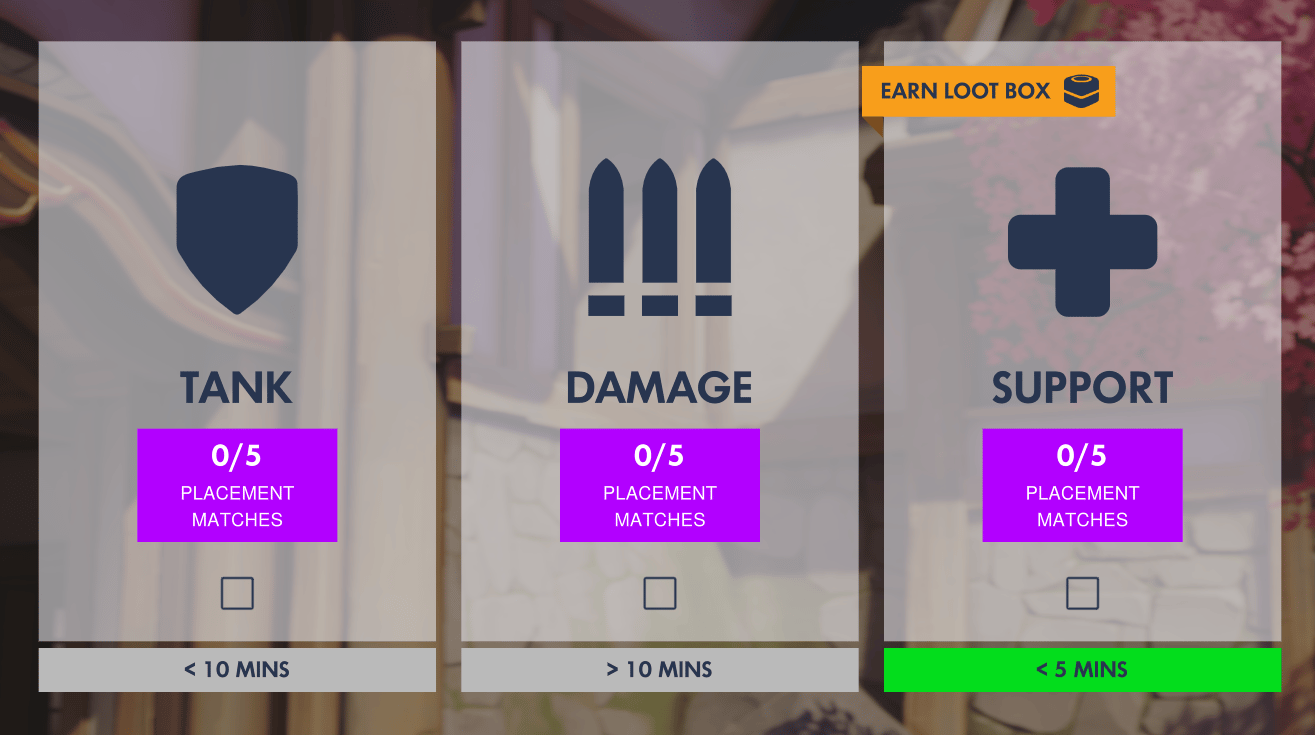 Overwatch Role Queue selection screen with Tank, Damage, and Support