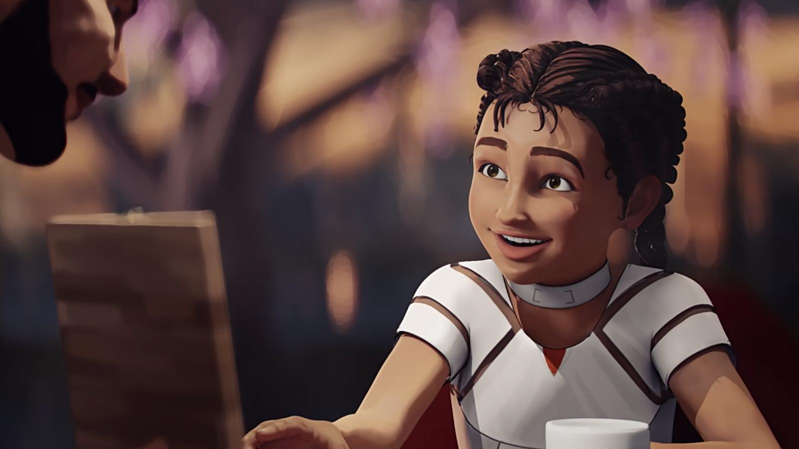 Young girl animated sitting at table in apex legends trailer