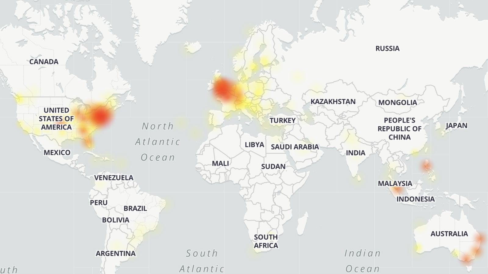 Map of the world showing where Reddit is down