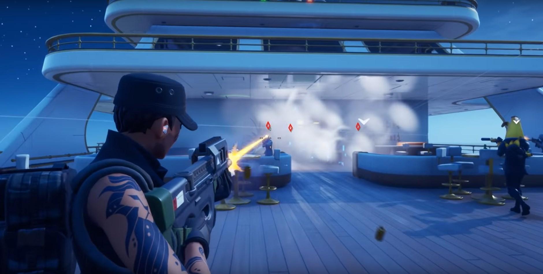 Fortnite player shooting enemies marked by the Shakedown.