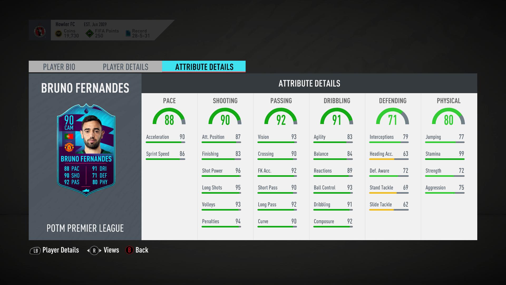 Image of the Bruno Fernandes in-game stats for FIFA 20 FUT Premier League POTM card