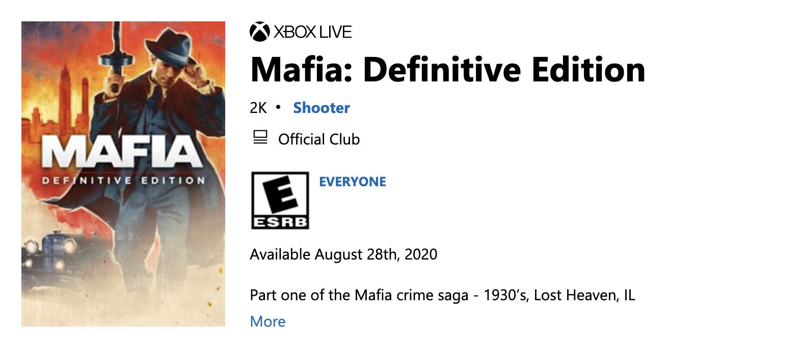 Microsoft store showing Mafia: Definitive Edition