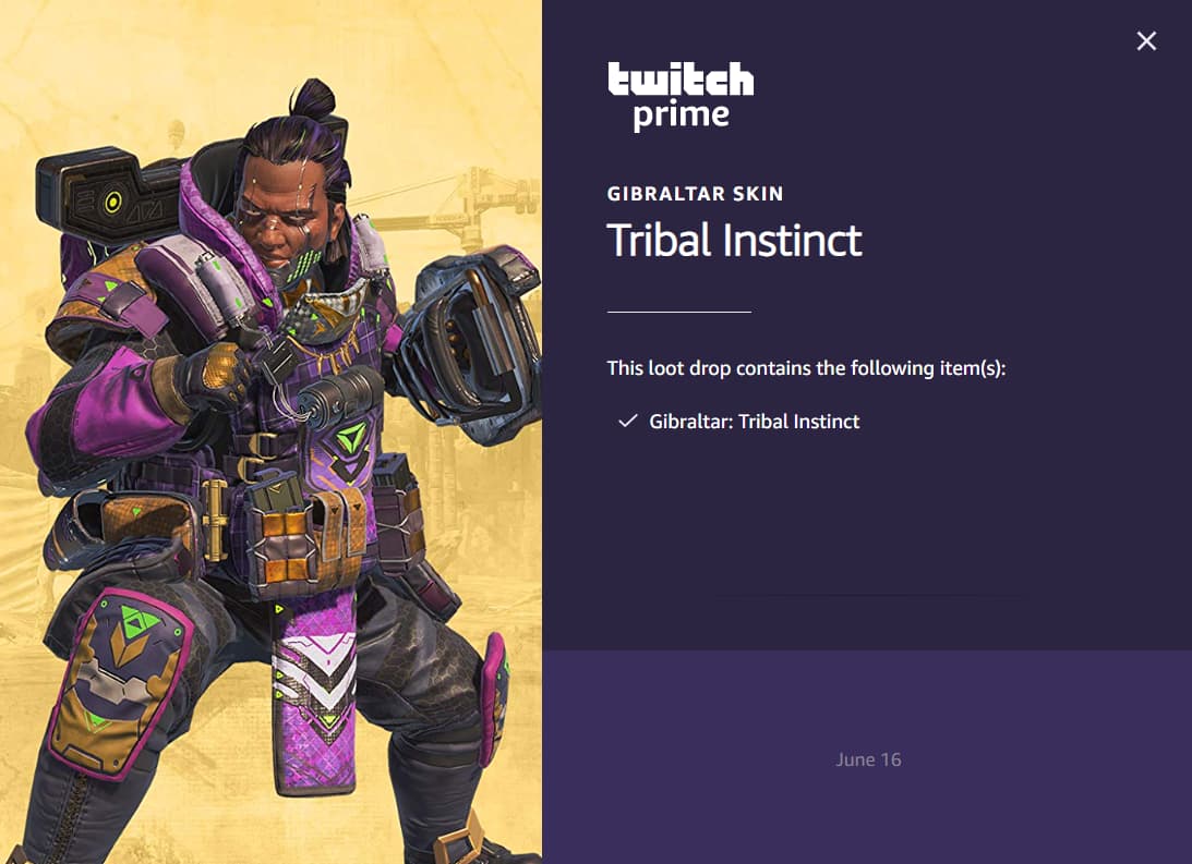 Gibraltar's Tribal Instinct skin, is available for free to Twitch Prime and Amazon Prime subscribers.