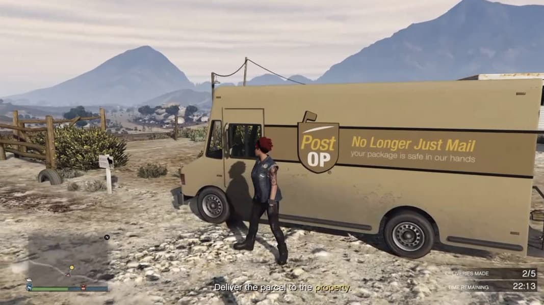 GTA V character with a mail van