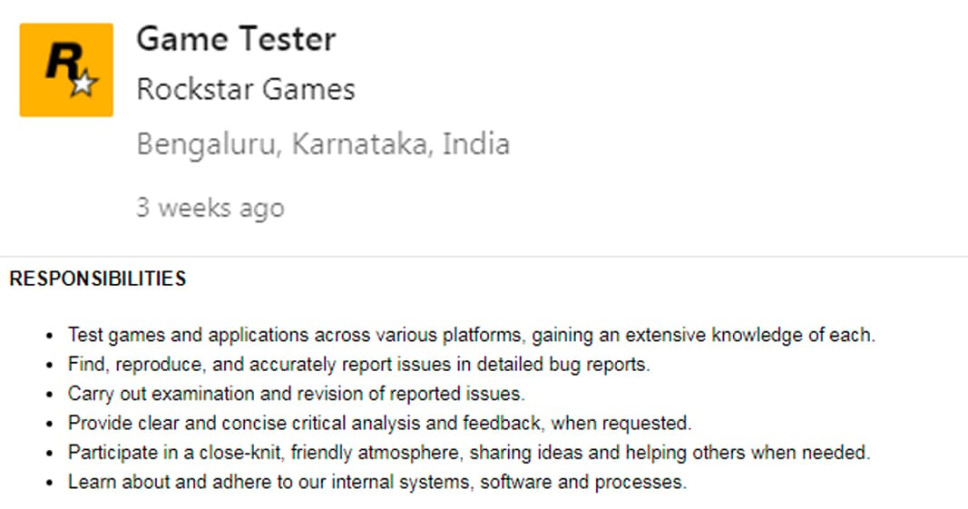 Rockstar India new job listing
