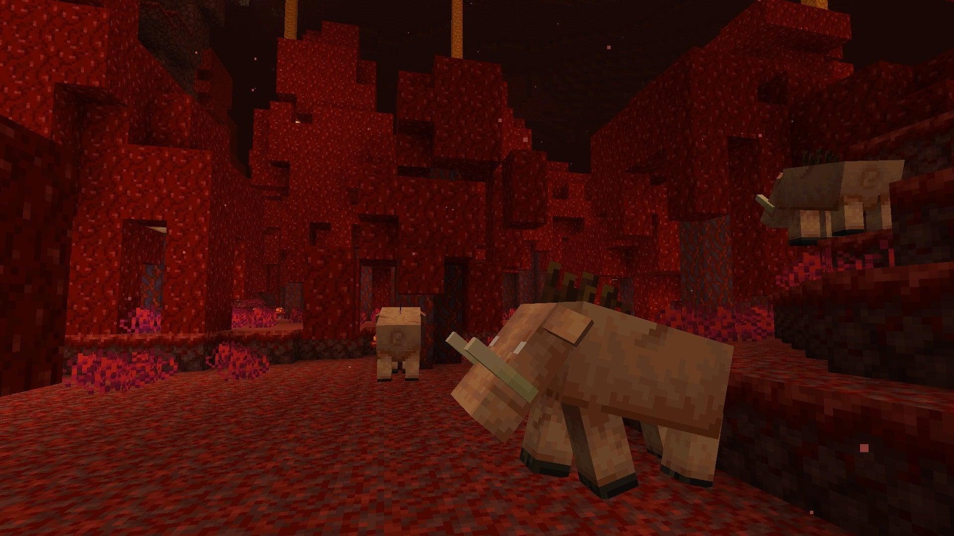 Two Minecraft Hoglin in the Nether.