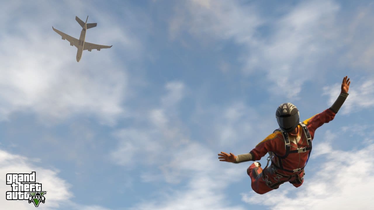 A GTA Online player jumping out of a plane.