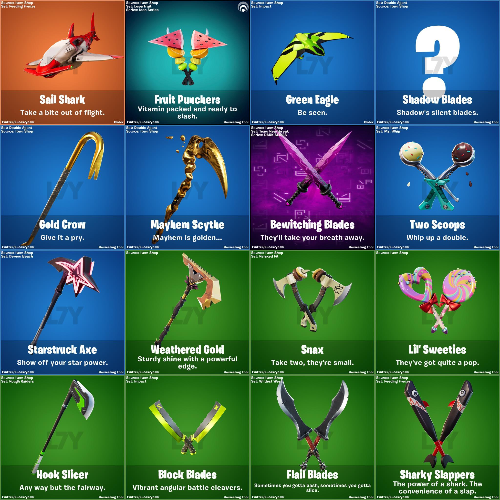 Leaked pickaxes and gliders from Fortnite Patch v13.20