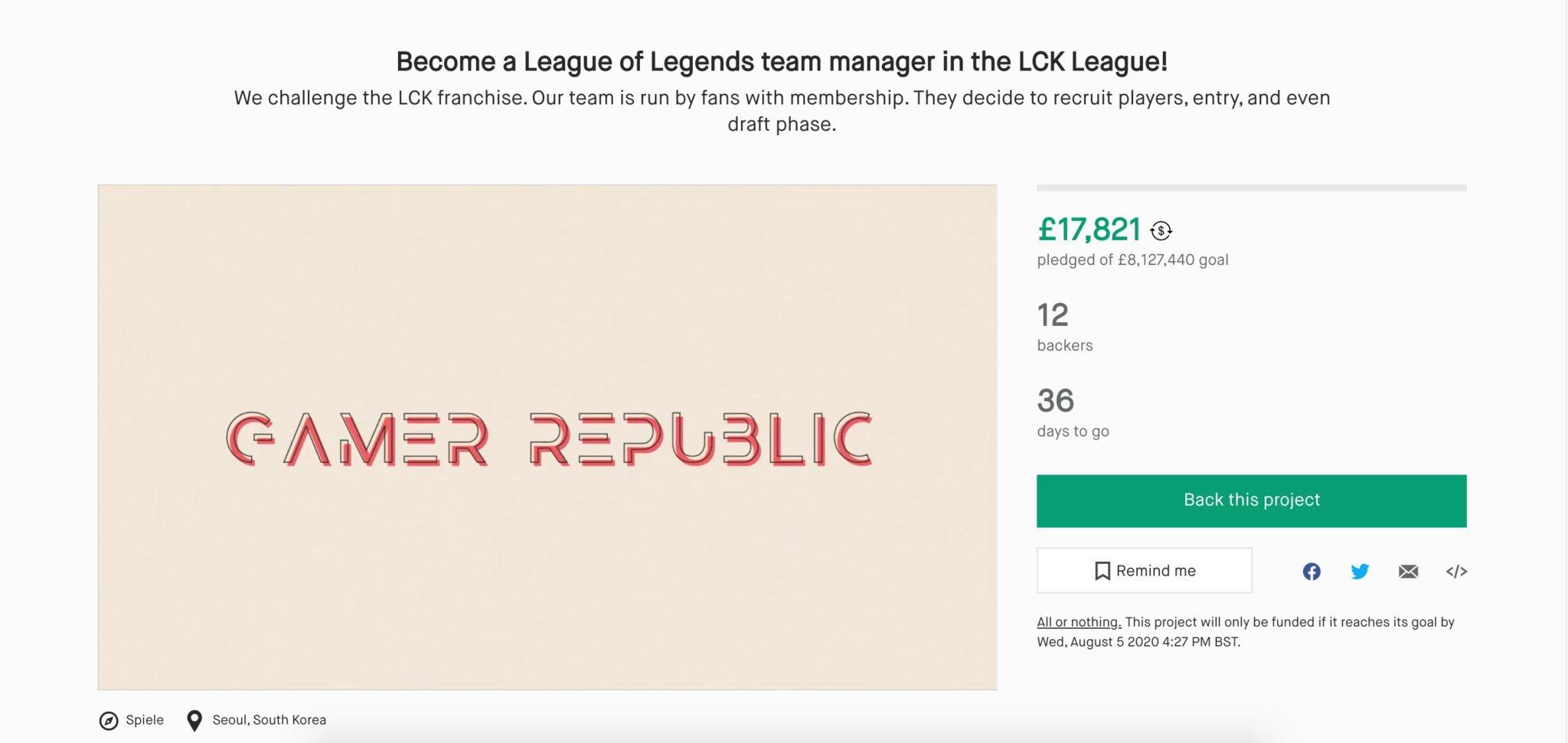 gamer republic kickstarter for $20m to join LCK