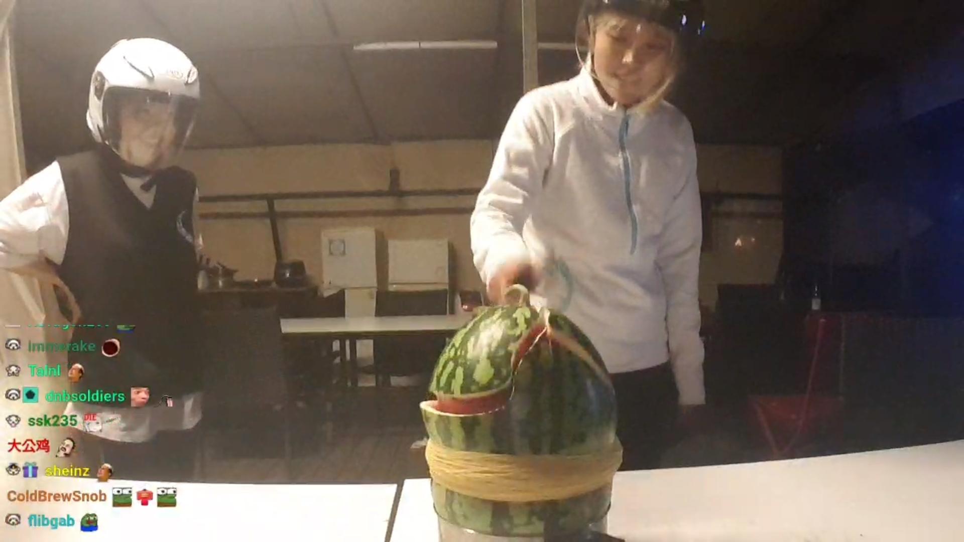 Twitch streamer HAchubby and Yuggie_TV doing exploding watermelon challenge