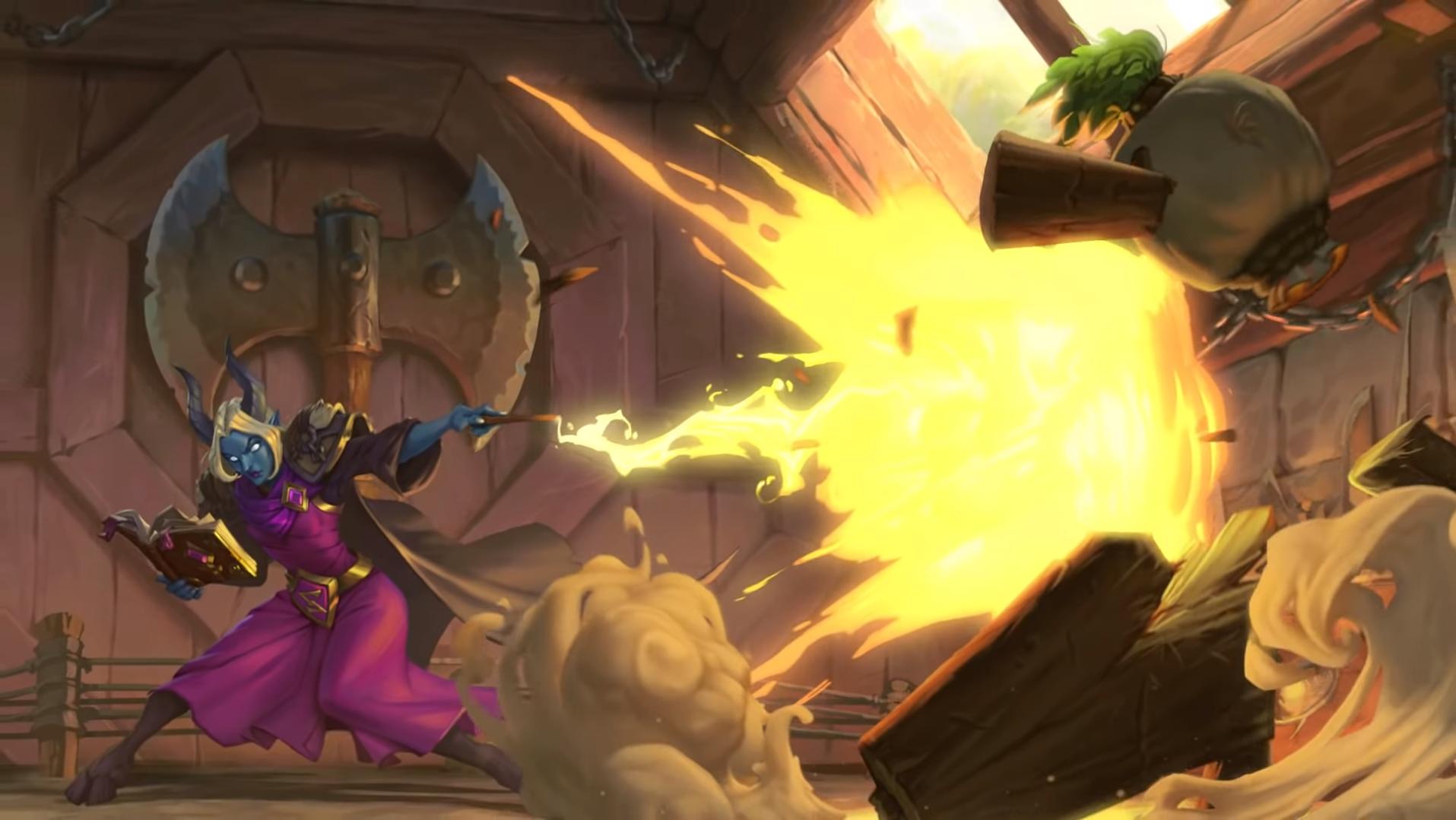 Hearthstone mage casts a Spellburst spell at a dummy in Scholomance Academy.