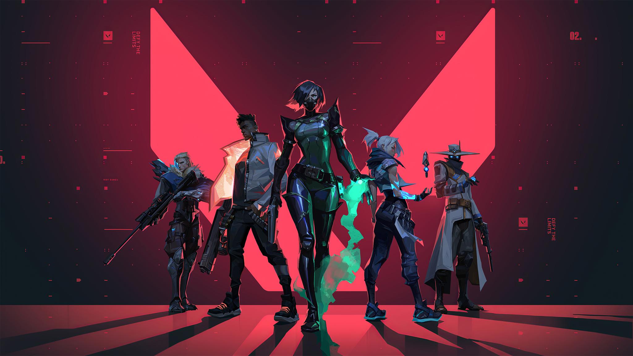 Valorant agent line-up with Sova, Phoenix, Viper, Jett, and Cypher