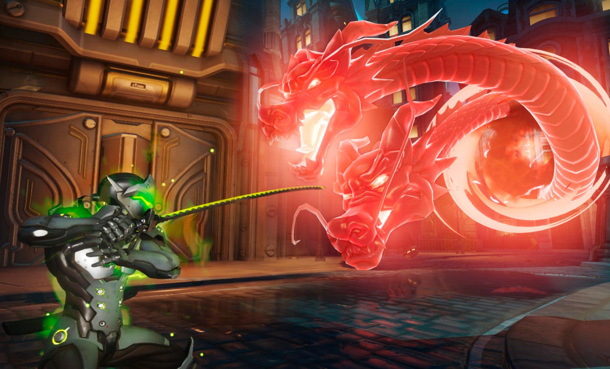 Genji from Overwatch facing off against Hanzo's Dragons