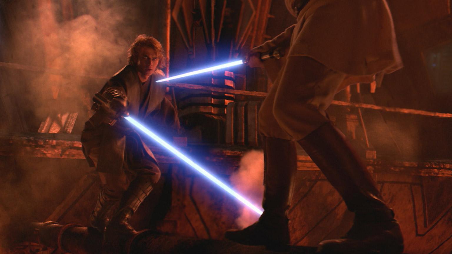 Anakin and Obi-Wan face off during their duel on Mustafar.
