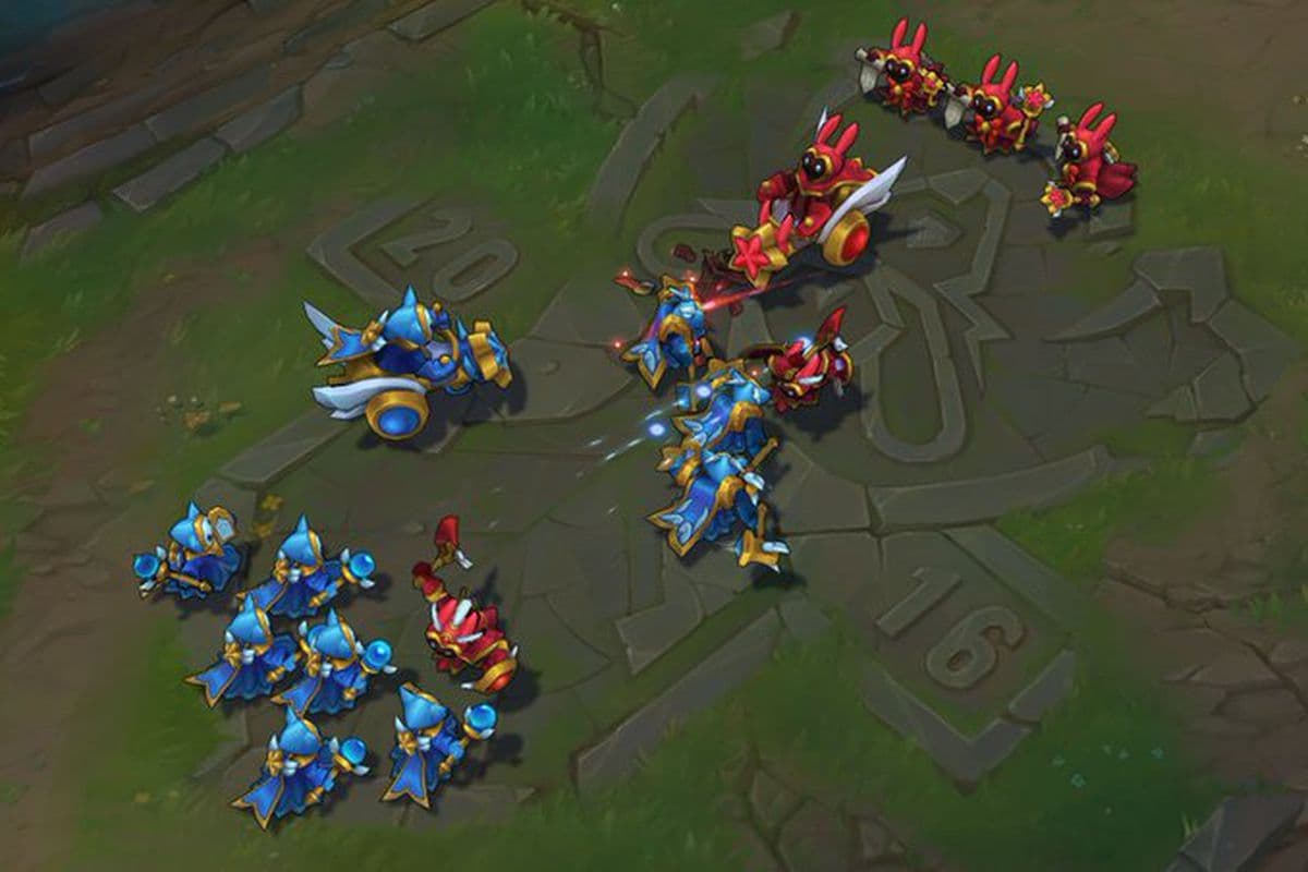 Two teams of minions battling in League of Legends.