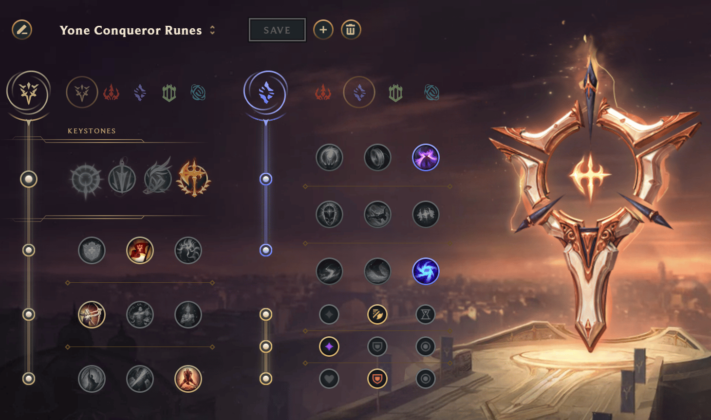 Conqueror Rune Page for Yone in League of Legends
