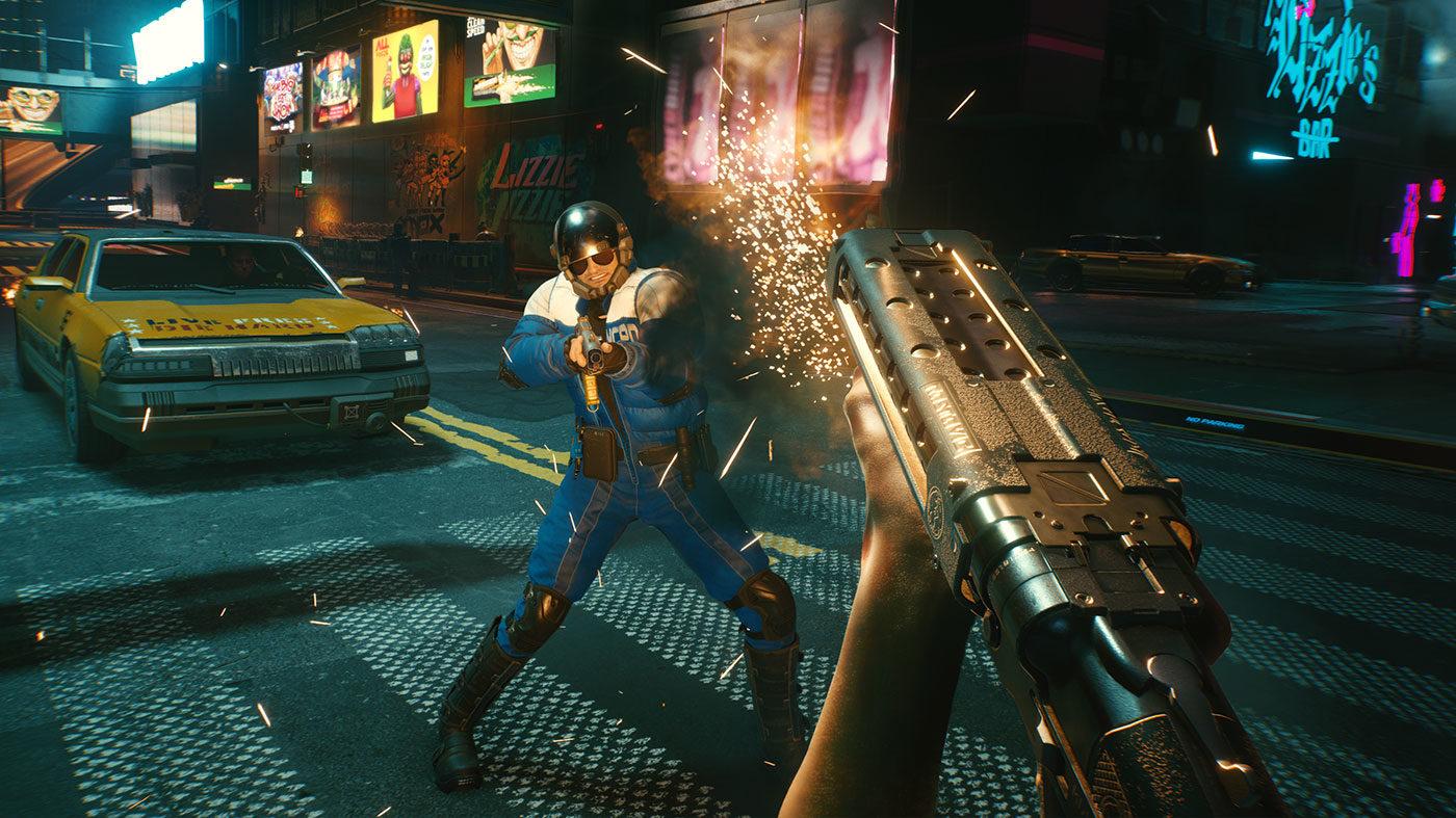 character shooting a gun in Cyberpunk 2077