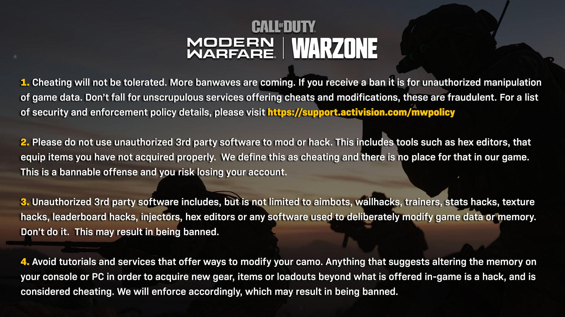 Infinity Ward's response to hackers in Warzone.