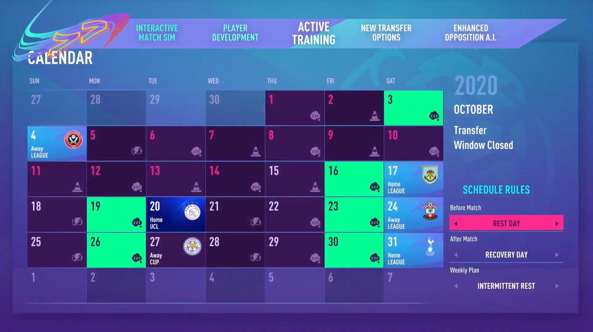 FIFA 21 Career mode schedule