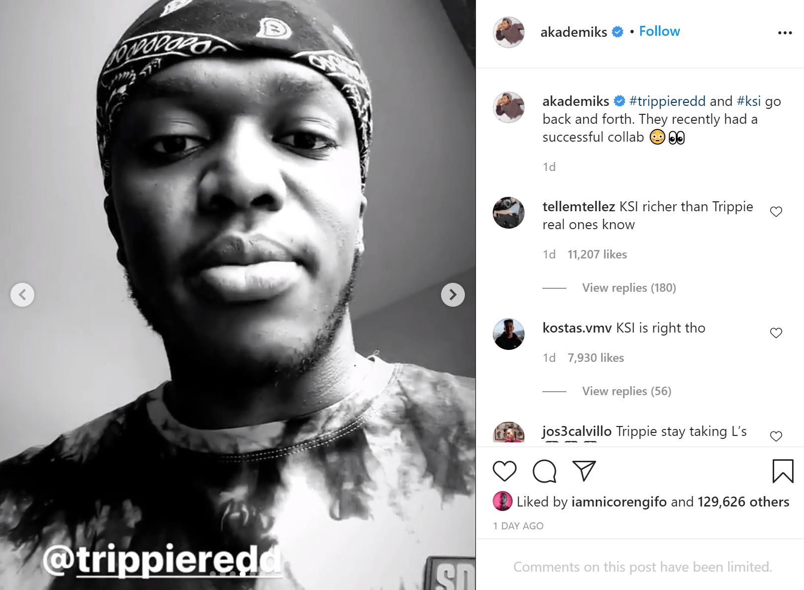 KSI records Instagram story in response to Trippie Redd