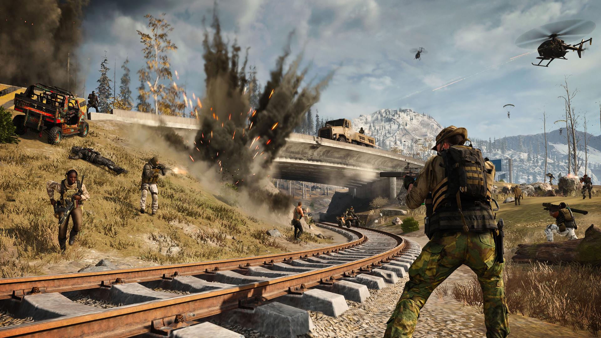 warzone characters shooting around Verdansk's train tracks