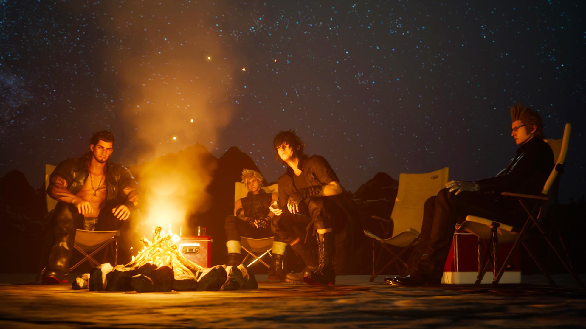 final fantasy 15 characters around a campfire