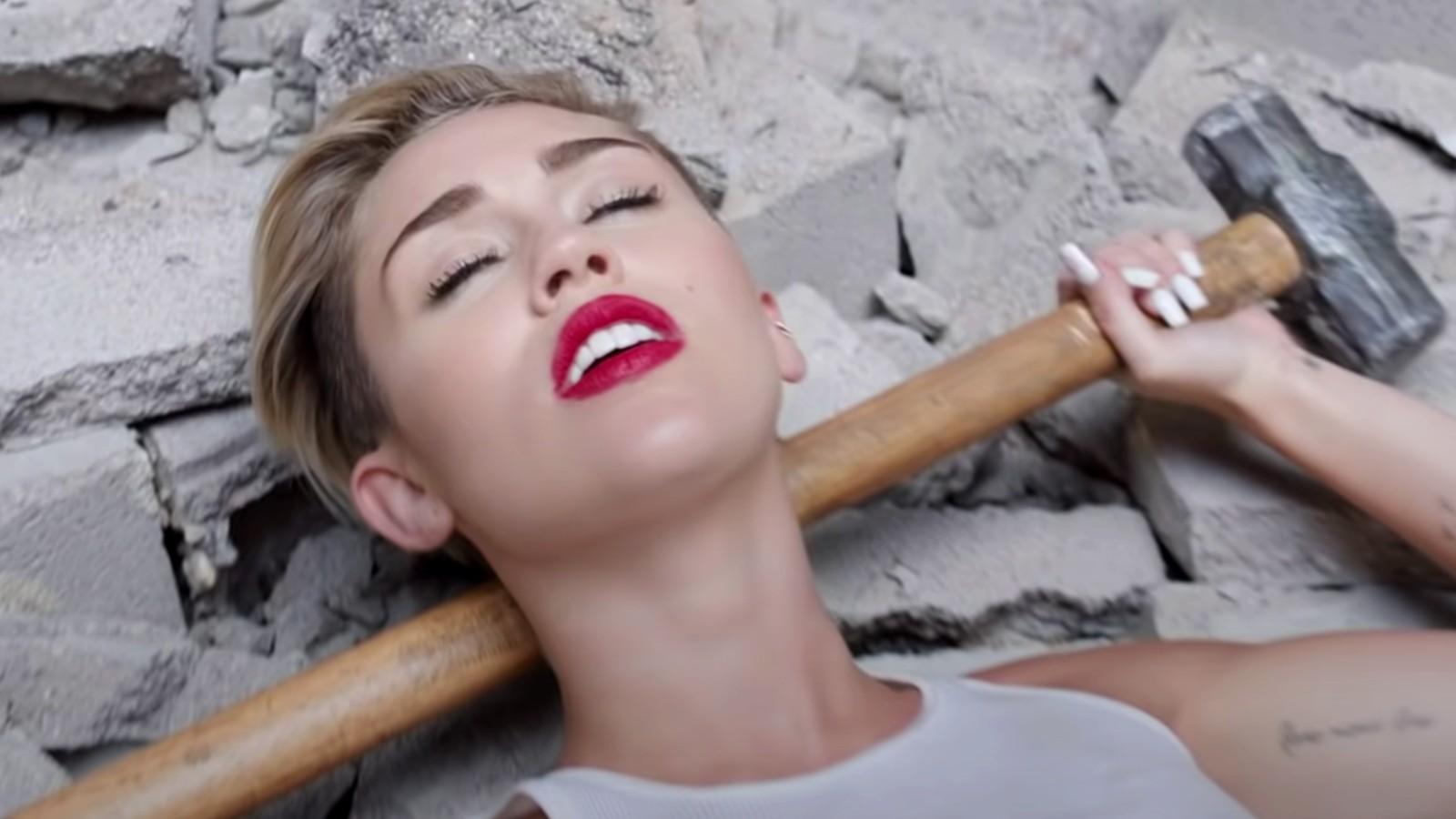 Miley Cyrus in her video for Wrecking Ball