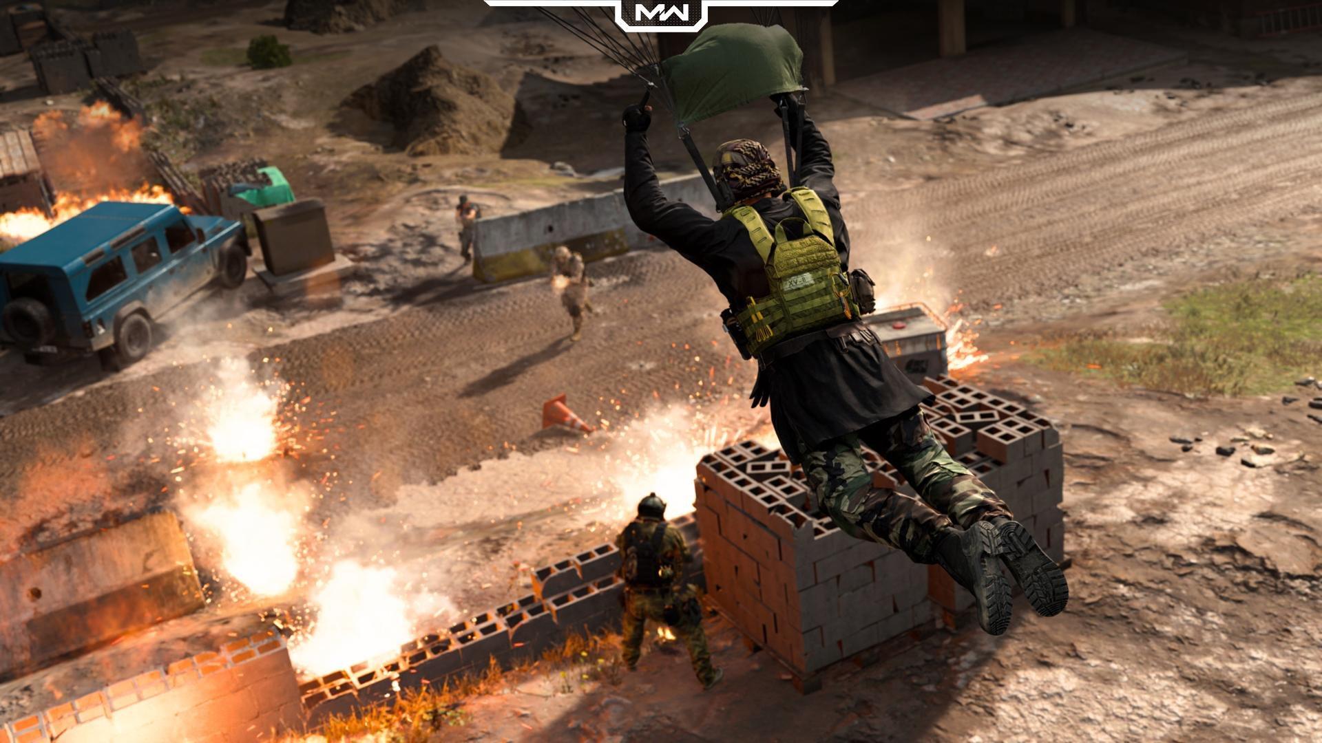 Warzone player parachuting into a fight