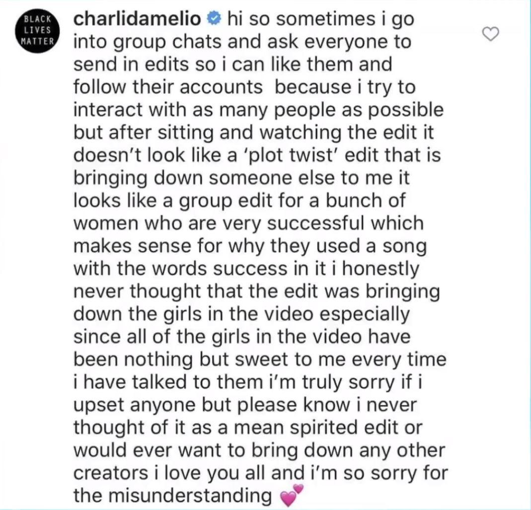 Charli D'Amelio clarifies why she liked the offending video.