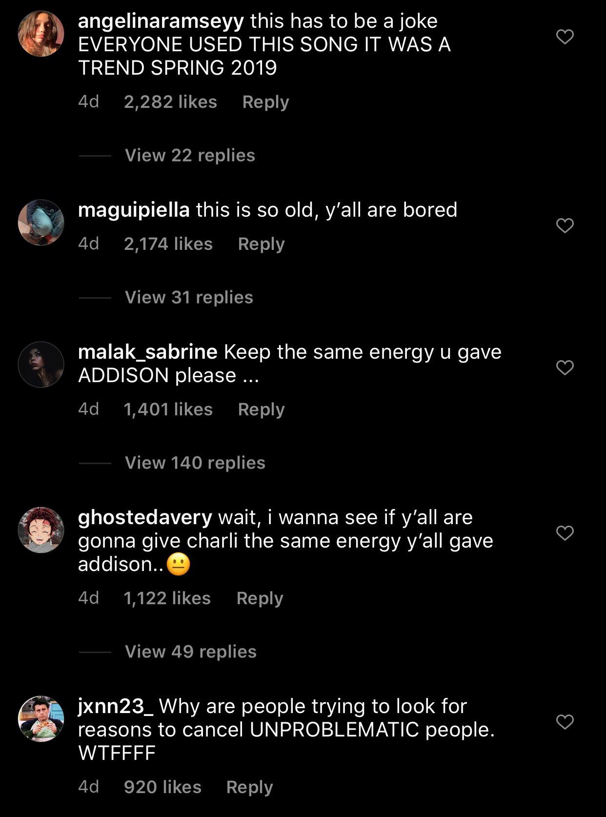 Commenters call out the Instagram page that shared Charli's older video.