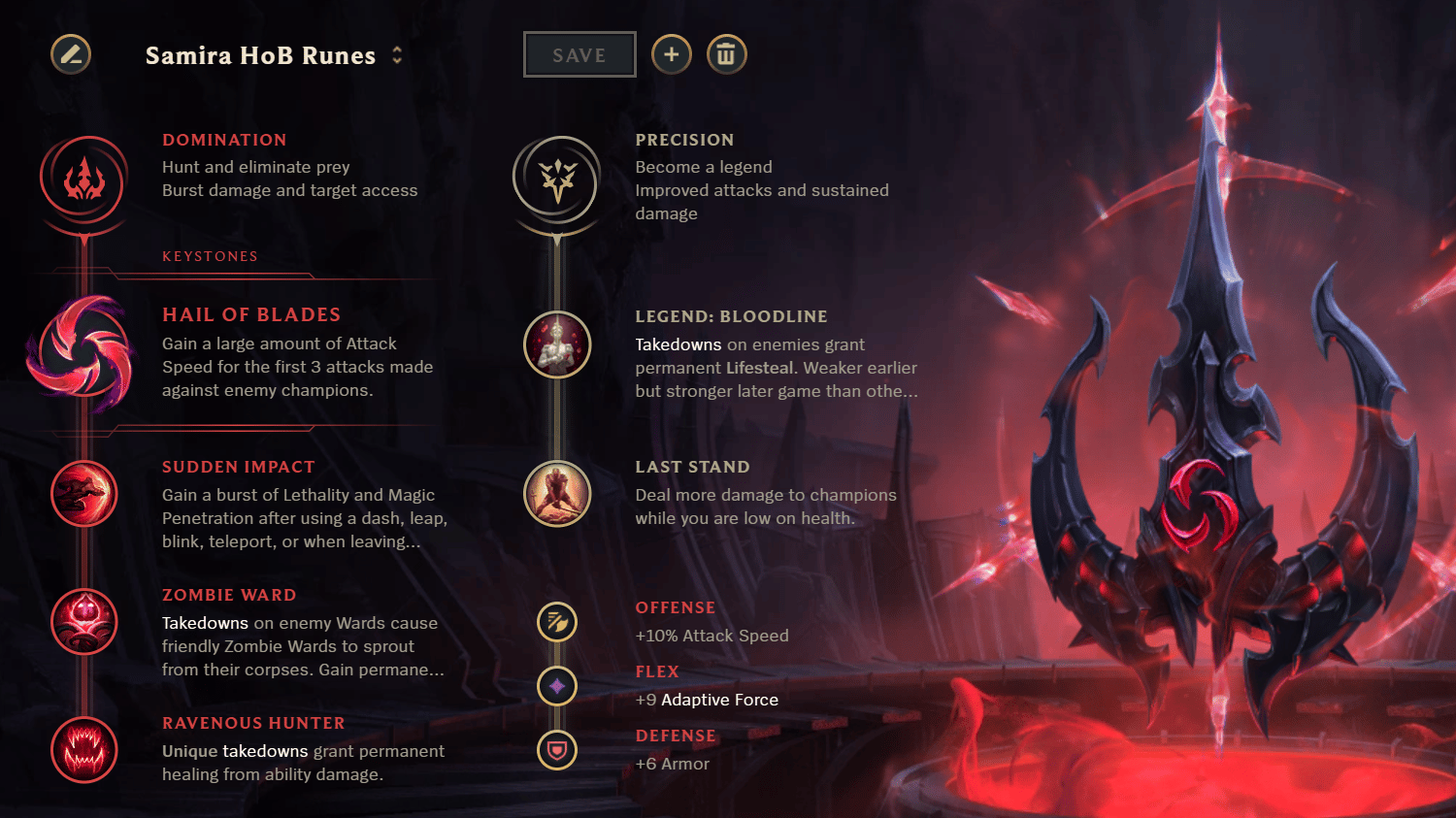 Hail of Blades rune page for Samira in LoL