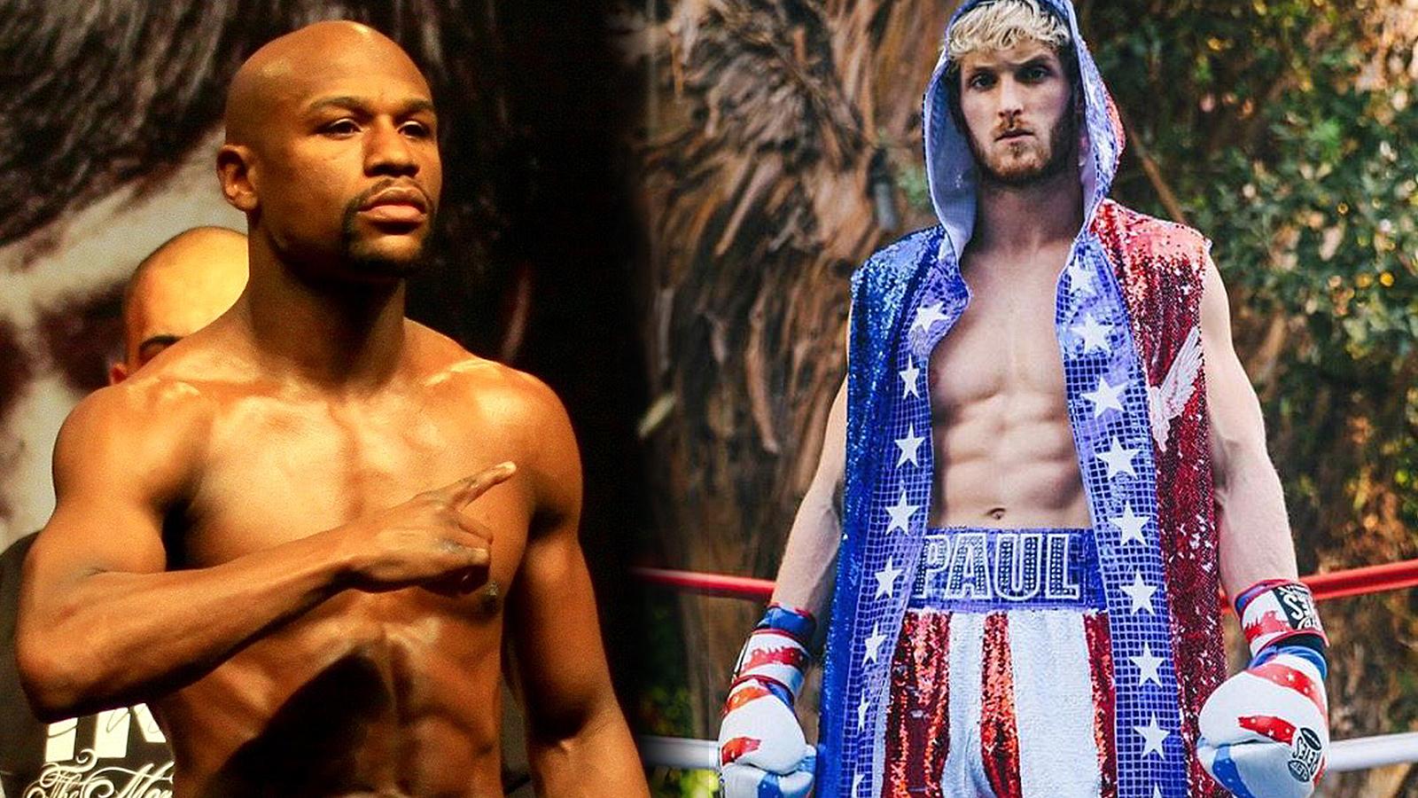 Floyd Mayweather and Logan Paul stand side by side in boxing gear.