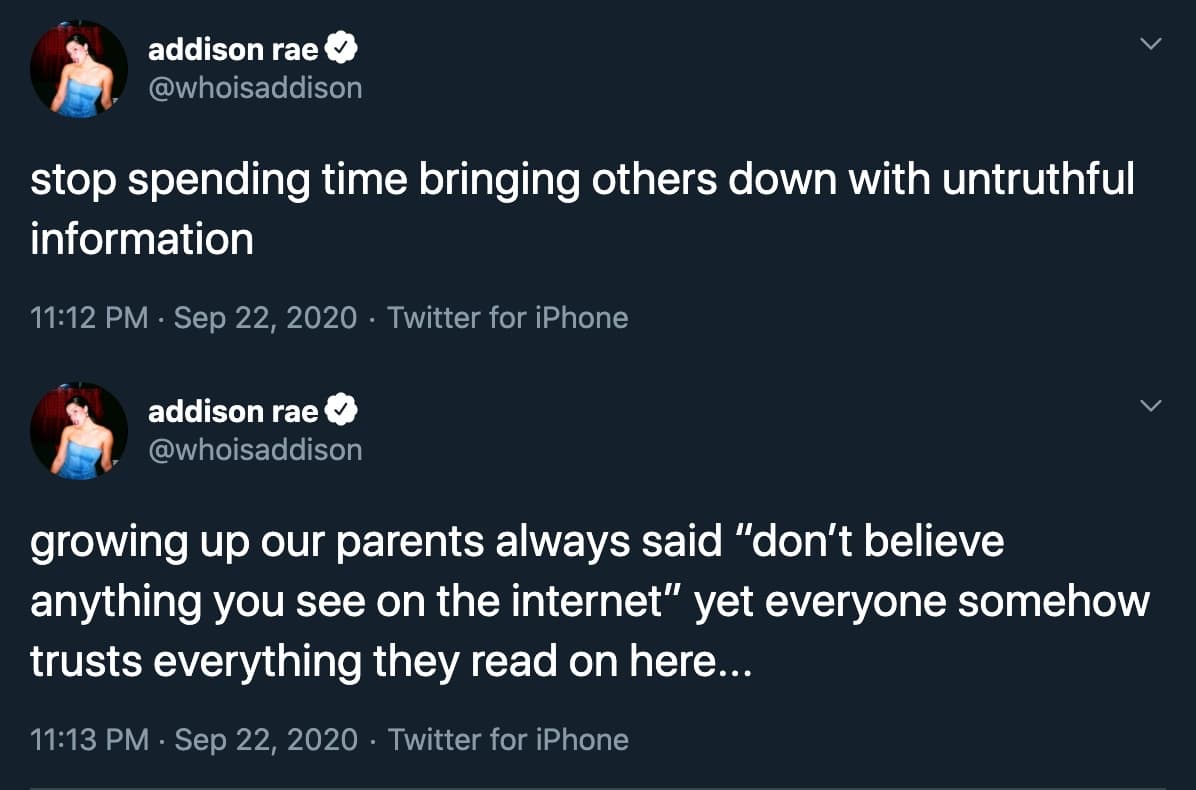 Addison rae tweets about people spreading lies