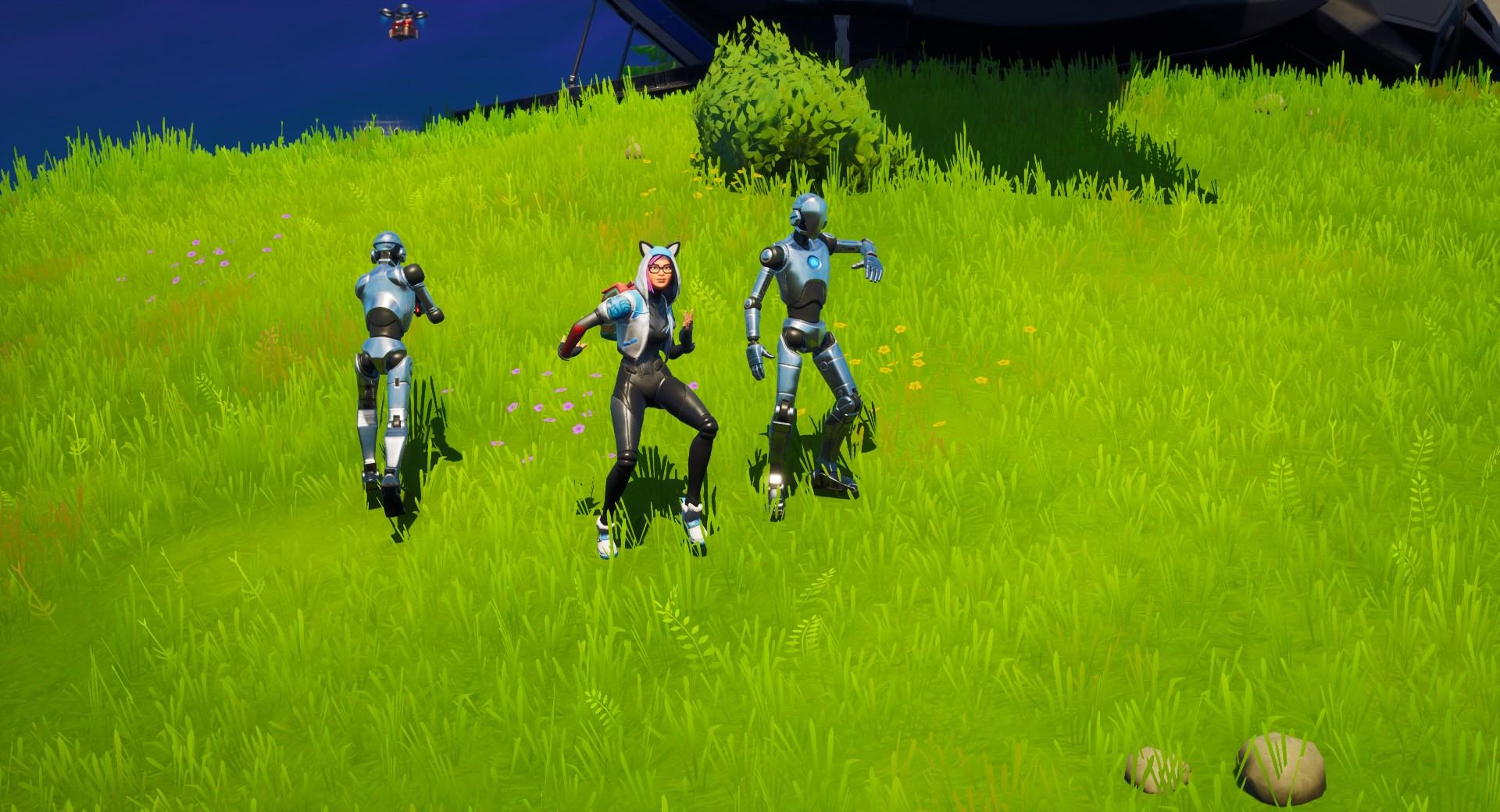 Fortnite character dancing with a Stark Robot
