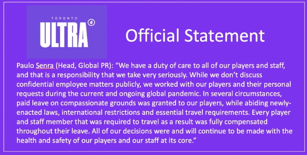 Statement from Toronto Ultra