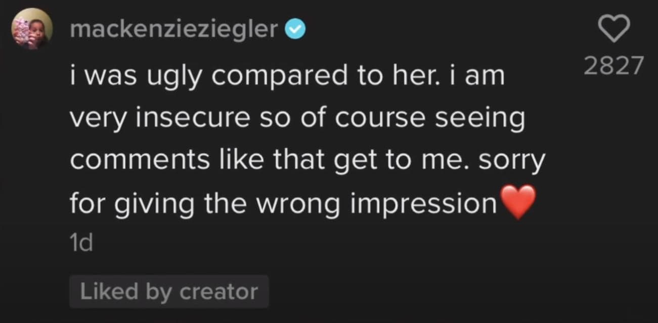Mackenzie Zeigler responds to accusations of guilting her sister for her appearance in a TikTok comment.