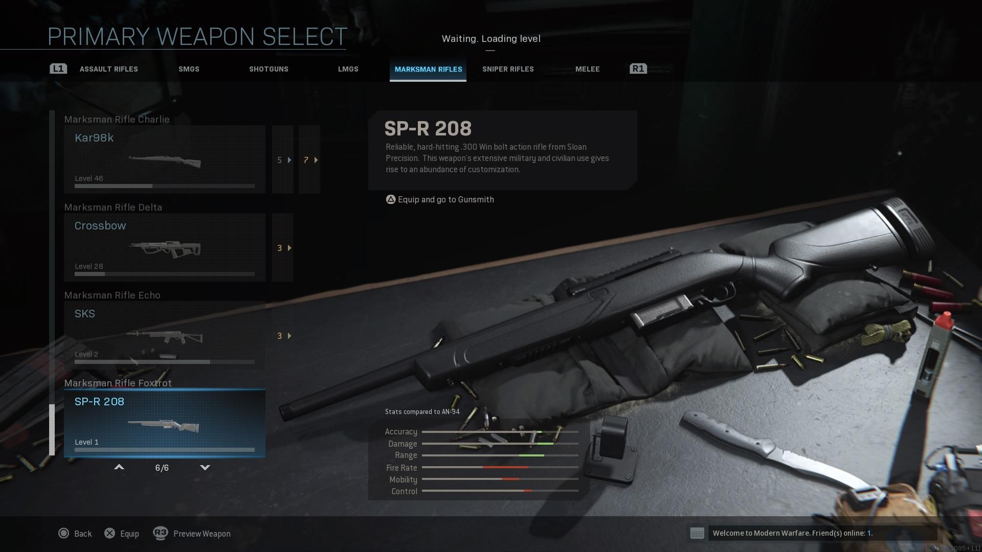 The SP-R 208 marksman rifle as it appears in the Modern Warfare armory.