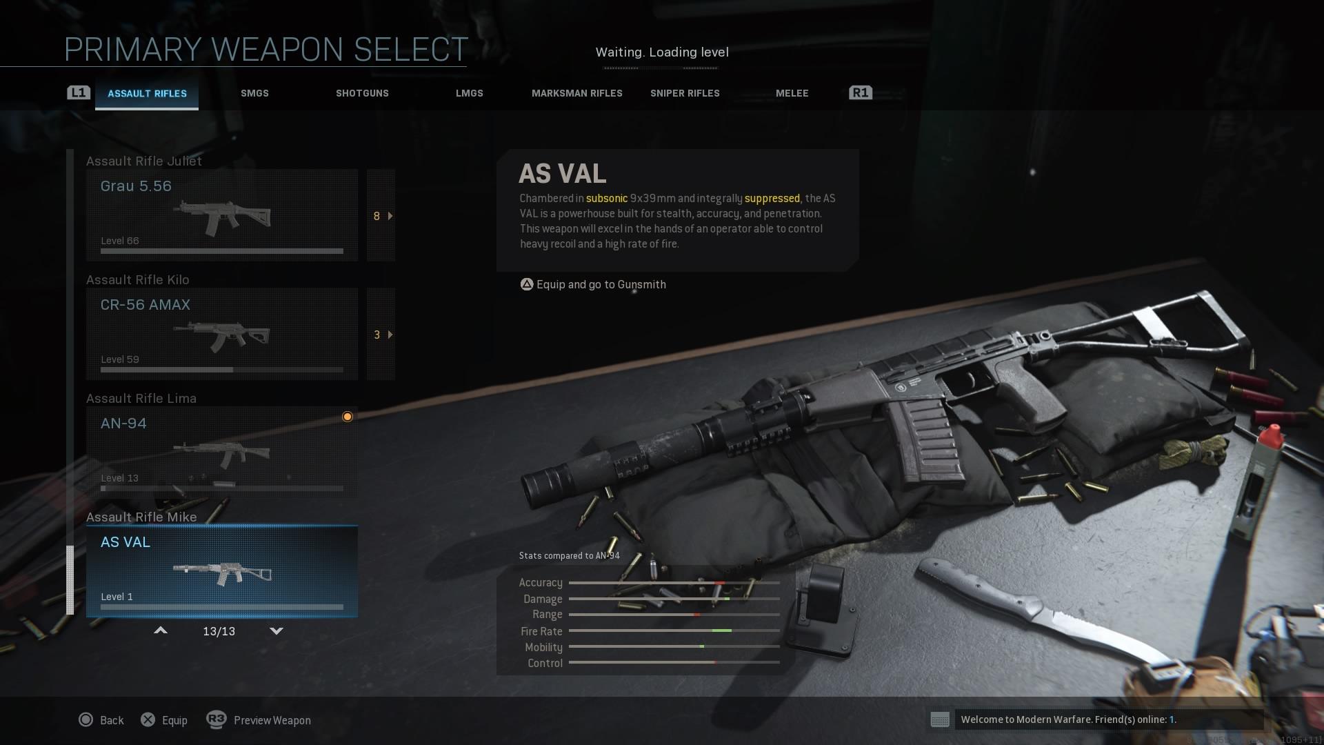 The AS VAL assault rifle as it appears in the Modern Warfare armory.