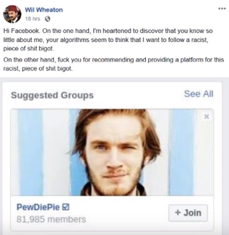 Wil Wheaton, Facebook / PewDiePie, YouTube