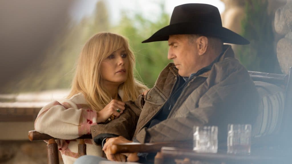 Characters John and Beth Dutton in Yellowstone played by Kevin Costner and Kelly Reilly